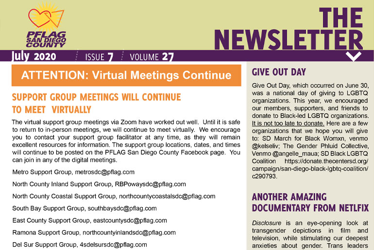 PFLAG San Diego County July 2020 Newsletter
